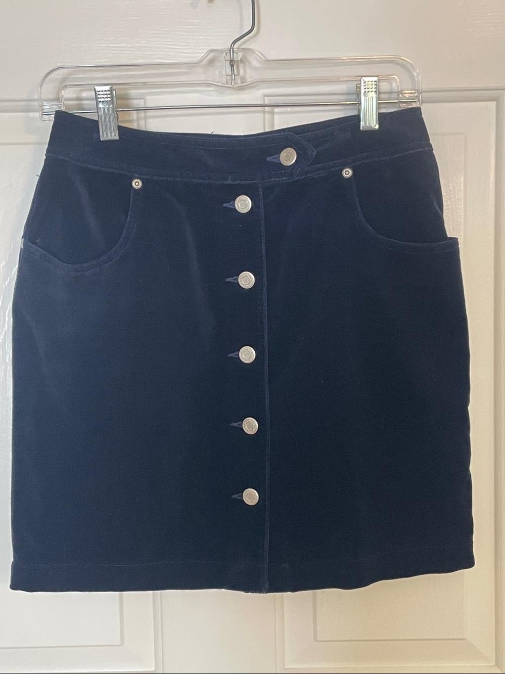 Liz Claiborne Navy Blue Velvet Button Front Skirt Silver Buttons